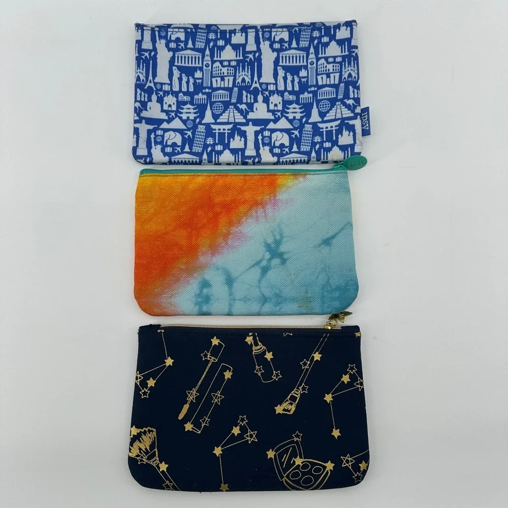 Ipsy Makeup Bag Set of 3 Celestial Tie Dye Global Landmarks Travel Pouches